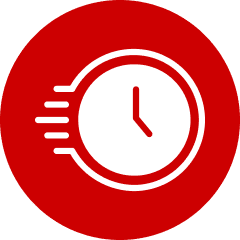 Clock with speed lines in red circle.